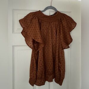Express Smocked Brown Polka Blouse / Size Large NWT